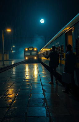 A hauntingly beautiful scene set on a dark, rainy midnight at a desolate local train station in Kolkata