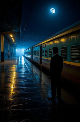 A hauntingly beautiful scene set on a dark, rainy midnight at a desolate local train station in Kolkata