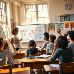 A lively classroom scene depicting a diverse group of English people engaged in an interactive lesson
