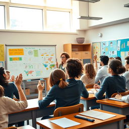 A lively classroom scene depicting a diverse group of English people engaged in an interactive lesson