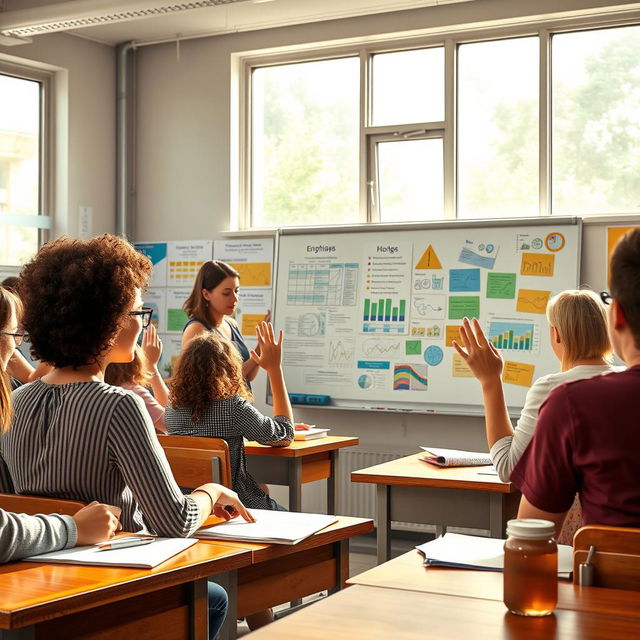 A lively classroom scene depicting a diverse group of English people engaged in an interactive lesson