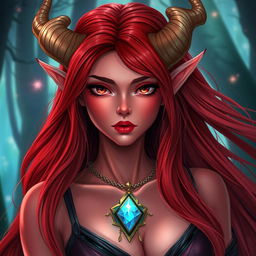 A seductive redhead elf character with beautiful features, striking red skin, and elegant, curved horns on her head