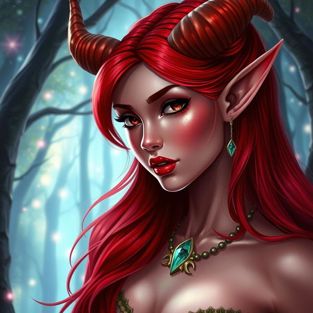 A seductive redhead elf character with beautiful features, striking red skin, and elegant, curved horns on her head