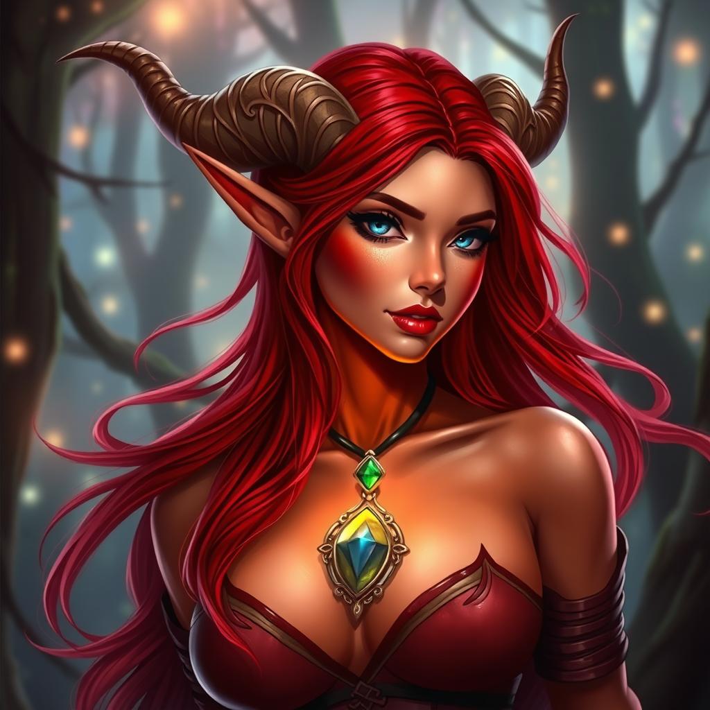 A seductive redhead elf character with beautiful features, striking red skin, and elegant, curved horns on her head