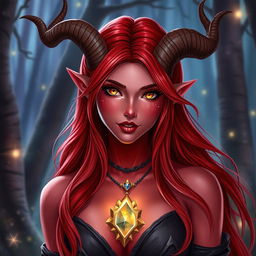 A seductive redhead elf character with beautiful features, striking red skin, and elegant, curved horns on her head