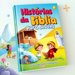 A vibrant and colorful book cover for a children's book titled 'Histórias da Bíblia para Jovens: CONTOS do Velho e Novo Testamento' by the author Saulo Piva Romero