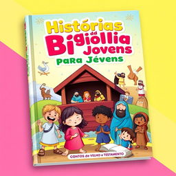 A vibrant and colorful book cover for a children's book titled 'Histórias da Bíblia para Jovens: CONTOS do Velho e Novo Testamento' by the author Saulo Piva Romero
