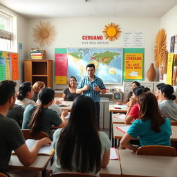 A vibrant classroom setting where English speakers are enthusiastically learning Cebuano