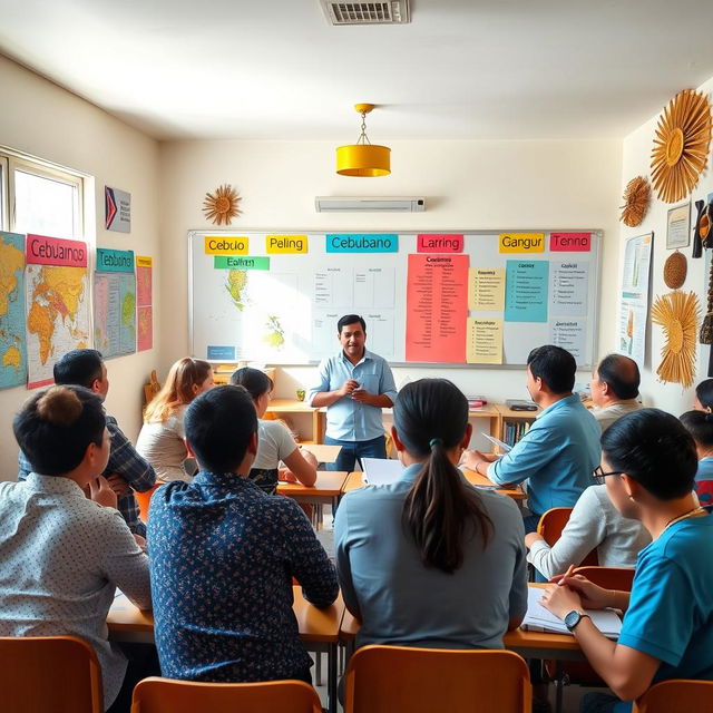 A vibrant classroom setting where English speakers are enthusiastically learning Cebuano