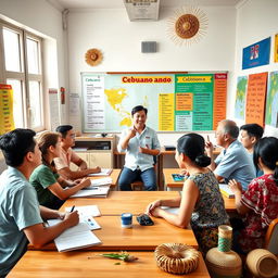 A vibrant classroom setting where English speakers are enthusiastically learning Cebuano