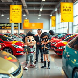 BBdeditos and zapaterito visiting a car dealership, looking excited while examining various colorful cars