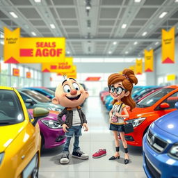 BBdeditos and zapaterito visiting a car dealership, looking excited while examining various colorful cars