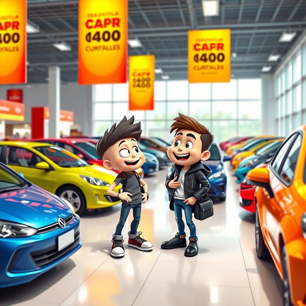 BBdeditos and zapaterito visiting a car dealership, looking excited while examining various colorful cars