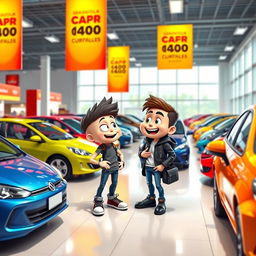 BBdeditos and zapaterito visiting a car dealership, looking excited while examining various colorful cars