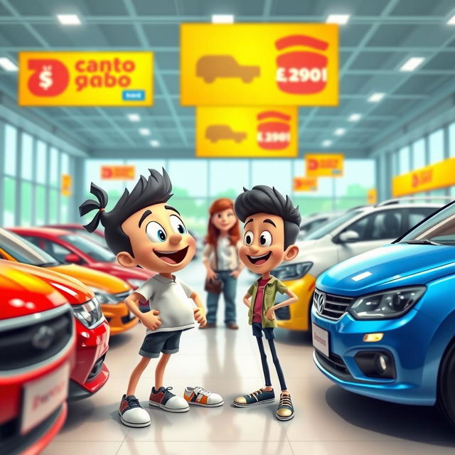 BBdeditos and zapaterito visiting a car dealership, looking excited while examining various colorful cars