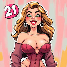 A playful and humorous illustration of a bimbo character, 21 years old, with exaggerated features such as comically oversized breasts and big, luscious lips