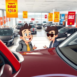 BBdeditos and zapaterito visiting a car dealership to buy a car, filled with excitement and curiosity