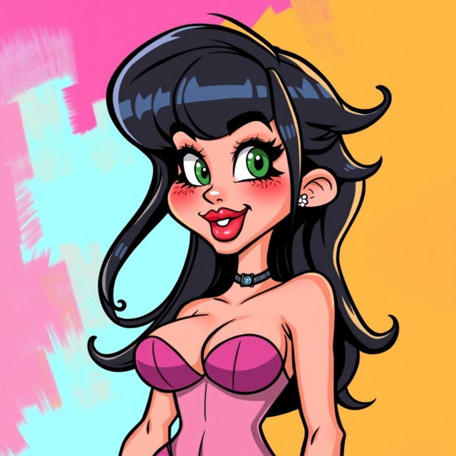 A playful and humorous illustration of a bimbo character, 21 years old, with exaggerated features such as comically oversized breasts and big, luscious lips