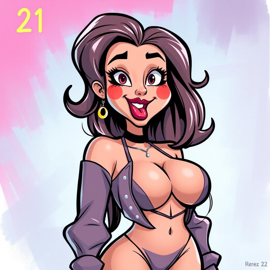 A playful and humorous illustration of a bimbo character, 21 years old, with exaggerated features such as comically oversized breasts and big, luscious lips