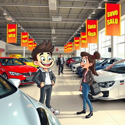 BBdeditos and zapaterito visiting a car dealership to buy a car, filled with excitement and curiosity