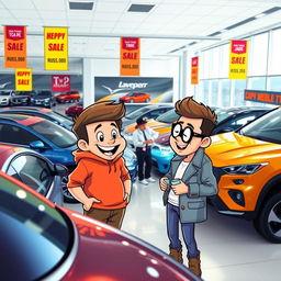 BBdeditos and zapaterito visiting a car dealership to buy a car, filled with excitement and curiosity
