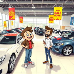 BBdeditos and zapaterito visiting a car dealership to buy a car, filled with excitement and curiosity