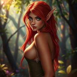 A seductive redhead elf, characterized by her striking red skin and flowing red hair, stands gracefully with an alluring pose