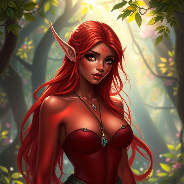 A seductive redhead elf, characterized by her striking red skin and flowing red hair, stands gracefully with an alluring pose