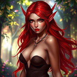 A seductive redhead elf, characterized by her striking red skin and flowing red hair, stands gracefully with an alluring pose