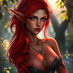 A seductive redhead elf, characterized by her striking red skin and flowing red hair, stands gracefully with an alluring pose