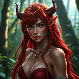 A seductive redhead elf adorned with small horns, showcasing her vibrant red skin and flowing red hair that cascades beautifully