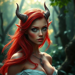 A seductive redhead elf adorned with small horns, showcasing her vibrant red skin and flowing red hair that cascades beautifully