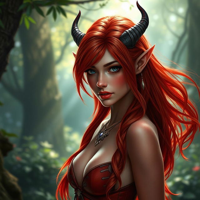 A seductive redhead elf adorned with small horns, showcasing her vibrant red skin and flowing red hair that cascades beautifully