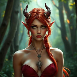 A seductive redhead elf adorned with small horns, showcasing her vibrant red skin and flowing red hair that cascades beautifully