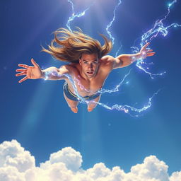 A powerful human psionic soaring through a vibrant blue sky, channeling energy waves, with a focused expression on their face