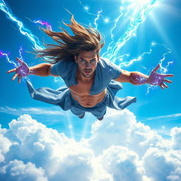 A powerful human psionic soaring through a vibrant blue sky, channeling energy waves, with a focused expression on their face