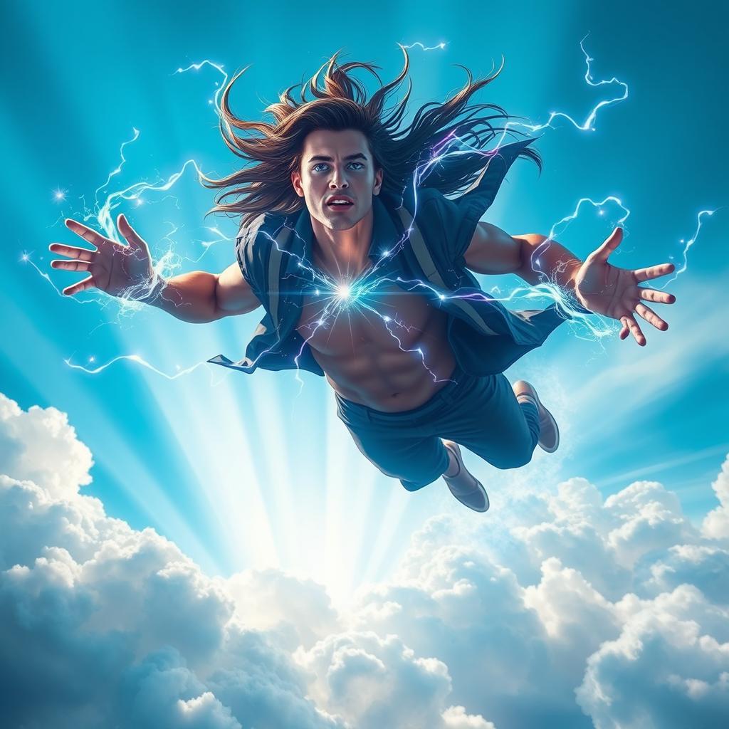 A powerful human psionic soaring through a vibrant blue sky, channeling energy waves, with a focused expression on their face