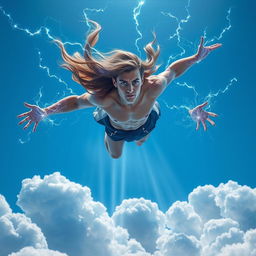 A powerful human psionic soaring through a vibrant blue sky, channeling energy waves, with a focused expression on their face