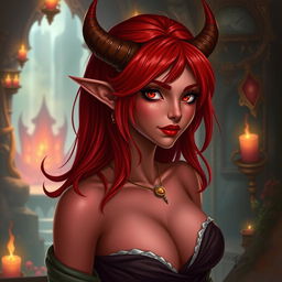 A seductive redhead tiefling character, featuring distinctive small horns on her forehead, vibrant red skin, and an alluring expression