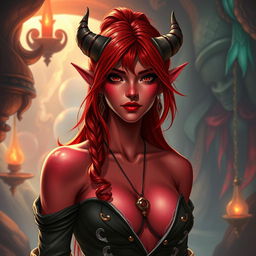 A seductive redhead tiefling character, featuring distinctive small horns on her forehead, vibrant red skin, and an alluring expression