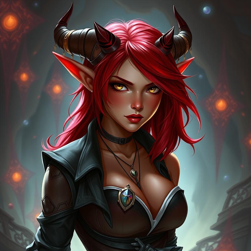 A seductive redhead tiefling character, featuring distinctive small horns on her forehead, vibrant red skin, and an alluring expression