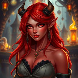 A seductive redhead tiefling character, featuring distinctive small horns on her forehead, vibrant red skin, and an alluring expression