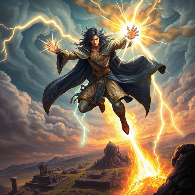 A powerful psionic figure in a magician-like outfit, adorned with intricate mystical symbols and flowing robes, launching an attack from the sky