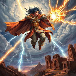 A powerful psionic figure in a magician-like outfit, adorned with intricate mystical symbols and flowing robes, launching an attack from the sky