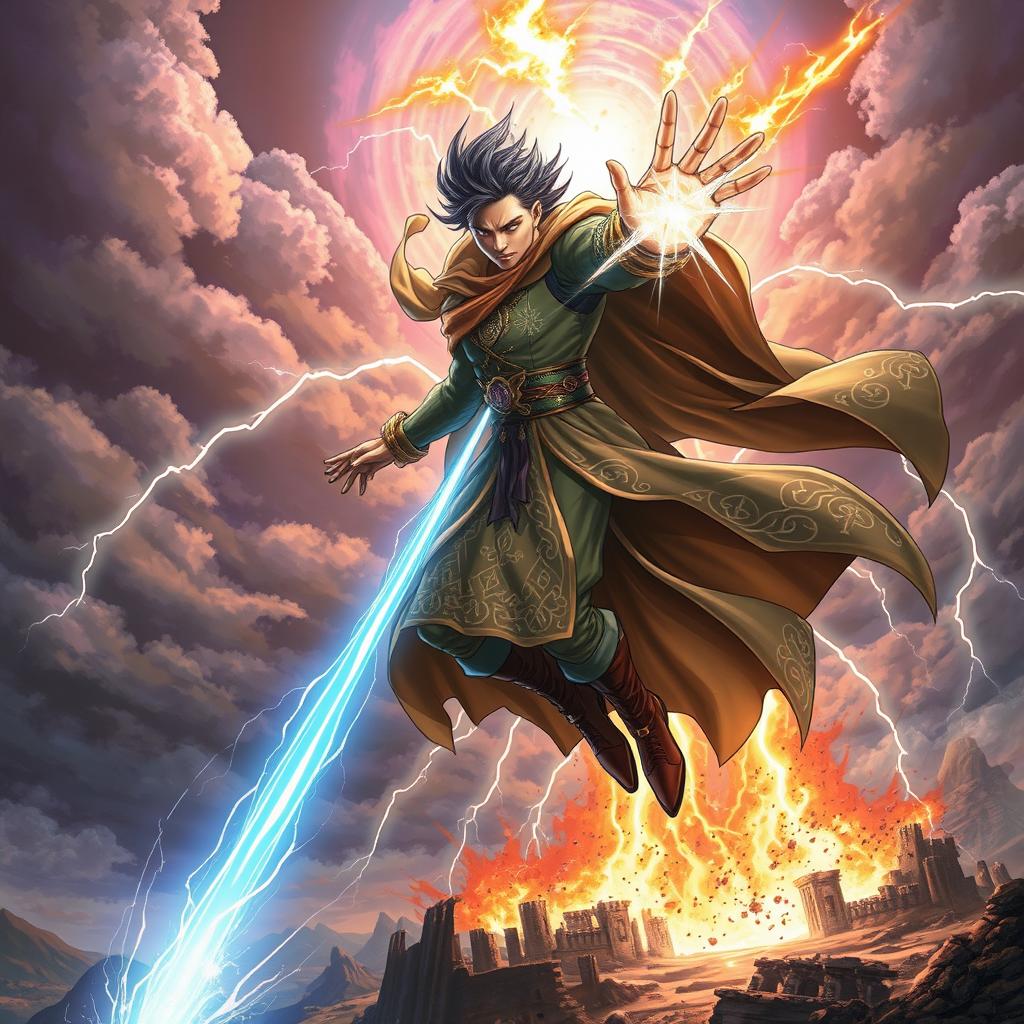 A powerful psionic figure in a magician-like outfit, adorned with intricate mystical symbols and flowing robes, launching an attack from the sky