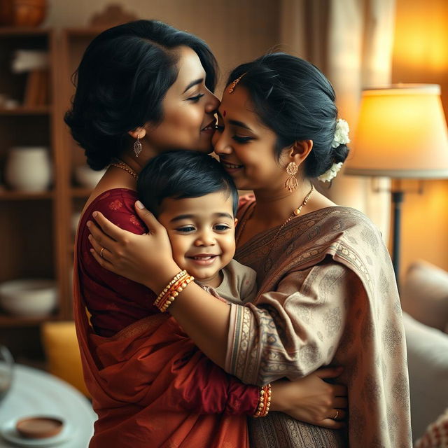 A warm and loving scene of an Indian mother and her son sharing a tender moment, capturing the essence of familial affection