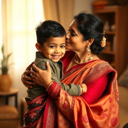 A warm and loving scene of an Indian mother and her son sharing a tender moment, capturing the essence of familial affection