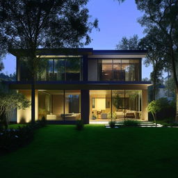 Design a modern and spacious home with bright light-filled interiors, stylish furniture and lush green landscape around