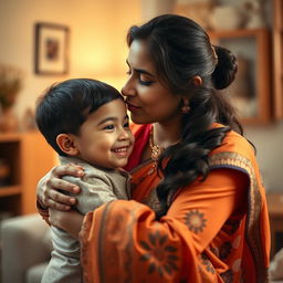 A warm and loving scene of an Indian mother and her son sharing a tender moment, capturing the essence of familial affection