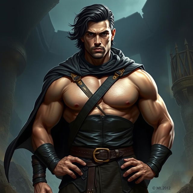 A muscular man with dark medium-length hair, dressed in form-fitting leather clothes that accentuate his physique